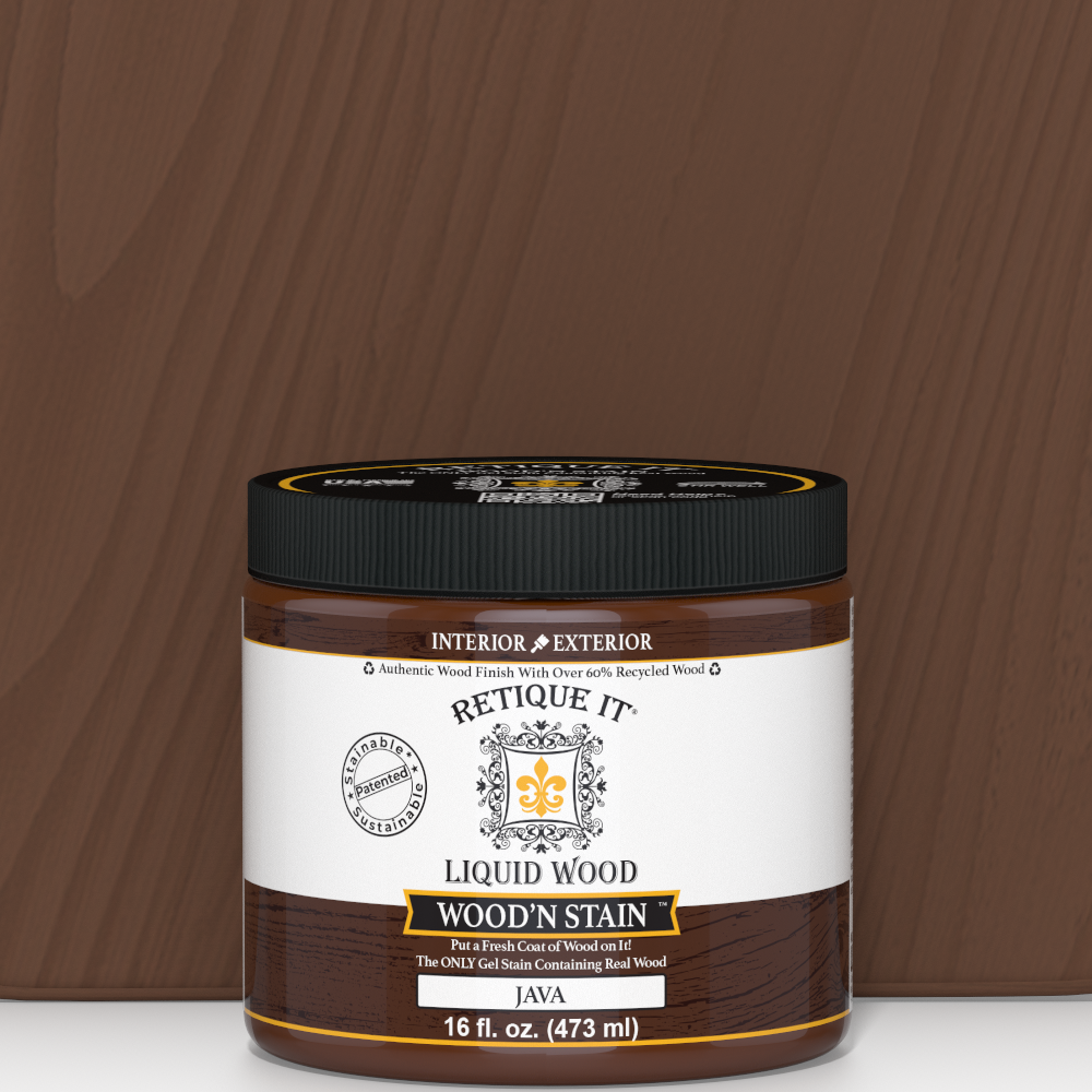 Retique It Liquid Wood Wood'n Stain in Java, 16 oz, showcasing the rich, dark stain color ideal for wood finishing projects.