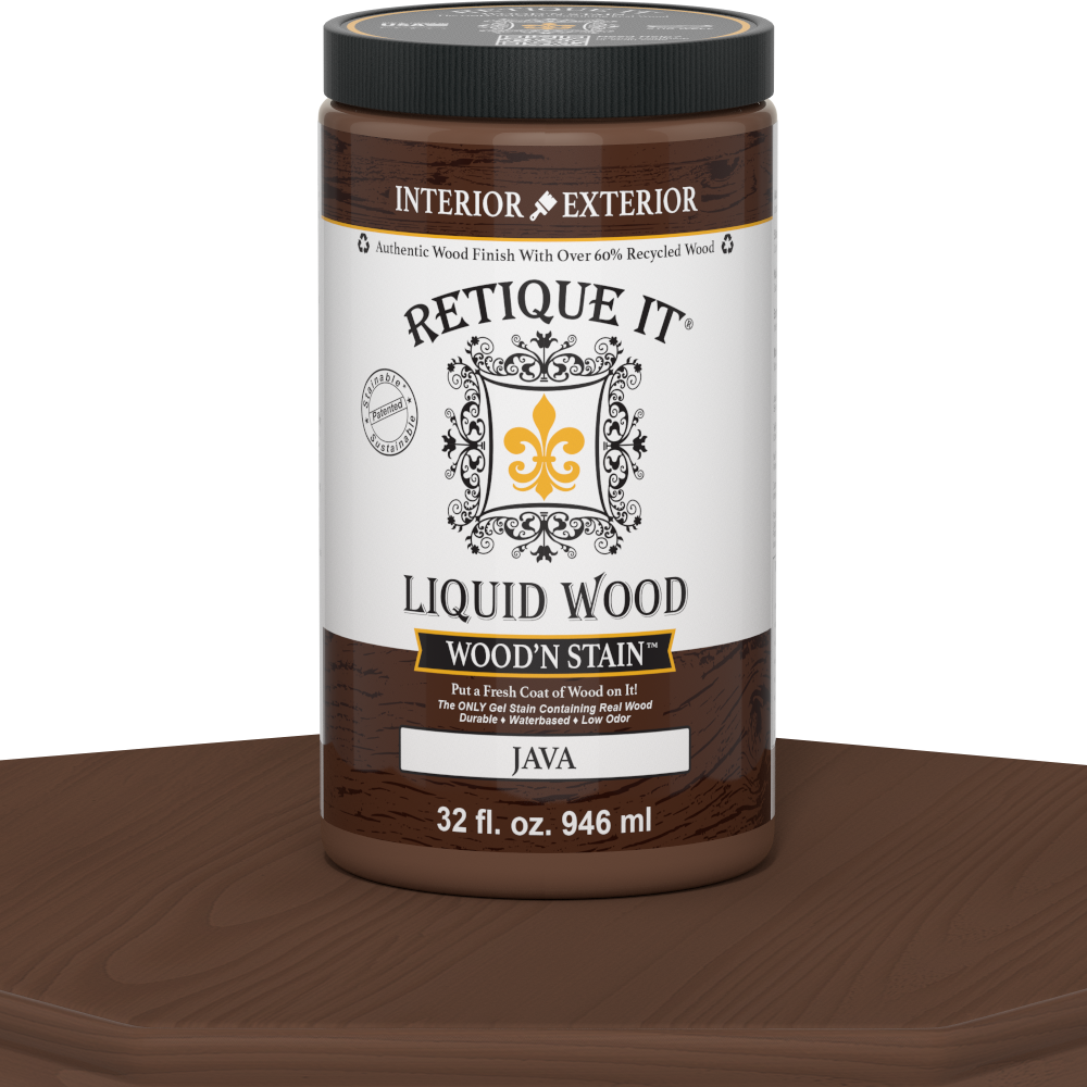Retique It Liquid Wood Wood'n Stain in Java, 32 oz bottle, showcasing the rich wood stain color and applicator cap.