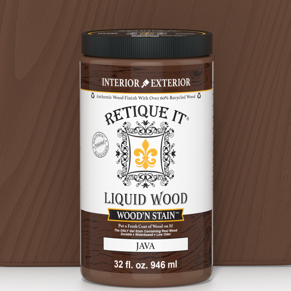 Retique It Liquid Wood Wood'n Stain in Java, 32 oz bottle, showcasing the rich brown stain for wood finishing.