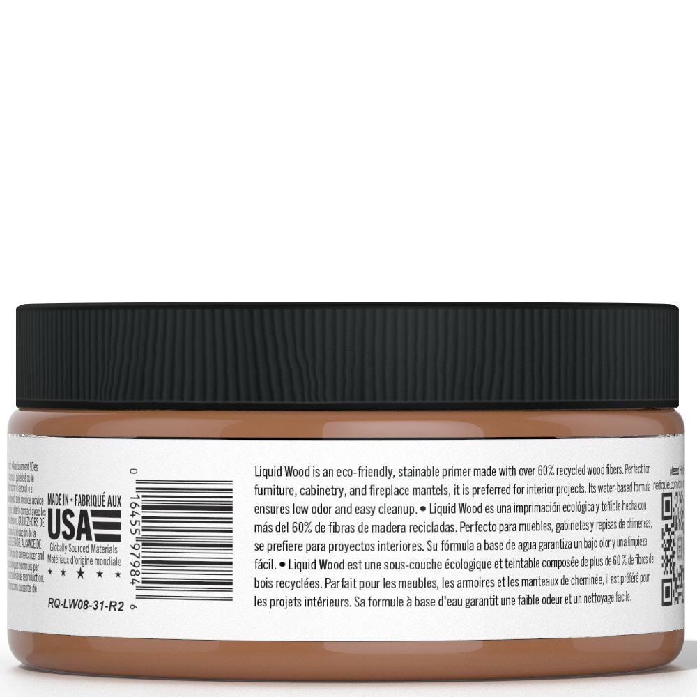 Retique It® Liquid Wood interior paint in an 8oz dark finish, showing a jar with dark liquid wood paint and branding.