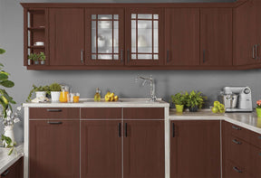 Retique It® Wood'n Finish Kit in Red Mahogany, exterior top coat for wood, shown on kitchen cabinet grained surface.
