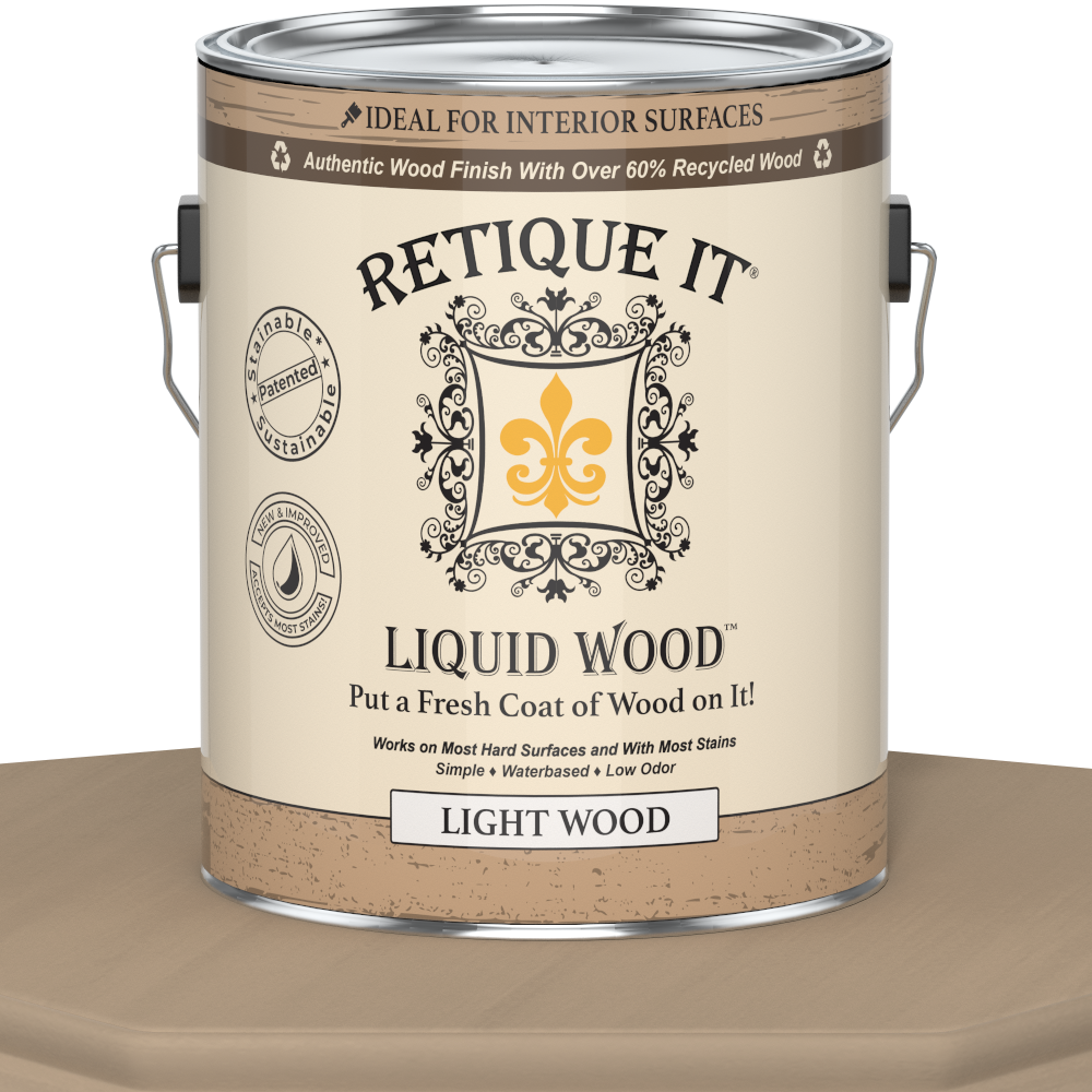 Retique It® Liquid Wood paint in light interior finish, 128oz bottle, showing the wood-like textured surface and branding.