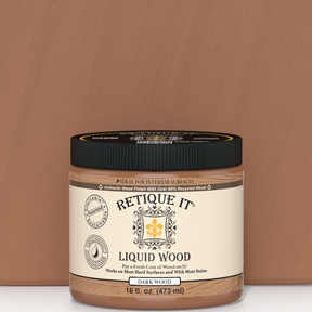 Dark Liquid Wood paint by Retique It® for interior wood surfaces, shown in a sleek, smooth application on a finished wood panel.