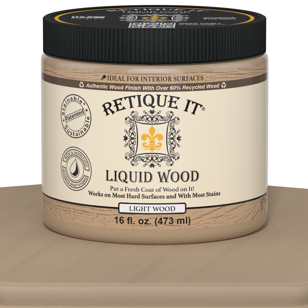 Retique It® Liquid Wood interior paint in 16oz Light color, showcasing a smooth wooden finish on a surface.