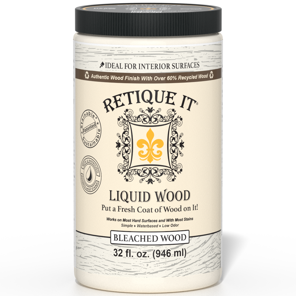 Liquid Wood bleach interior paint by Retique It® in a 32oz container, showing the lightened, bleached wood finish on a sample surface.