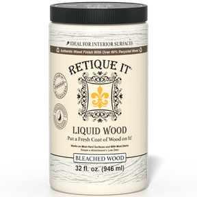 Liquid Wood bleach interior paint by Retique It® in a 32oz container, showing the lightened, bleached wood finish on a sample surface.
