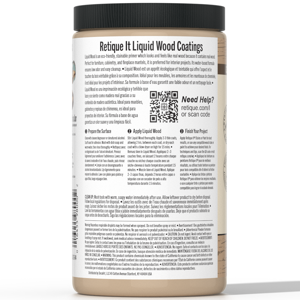 Liquid Wood interior paint by Retique It in a 32oz light shade, shown in a 3D product image.