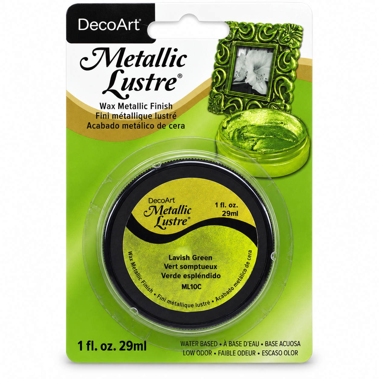 DecoArt Metallic Lustre Lavish Green metallic craft paint in a small jar