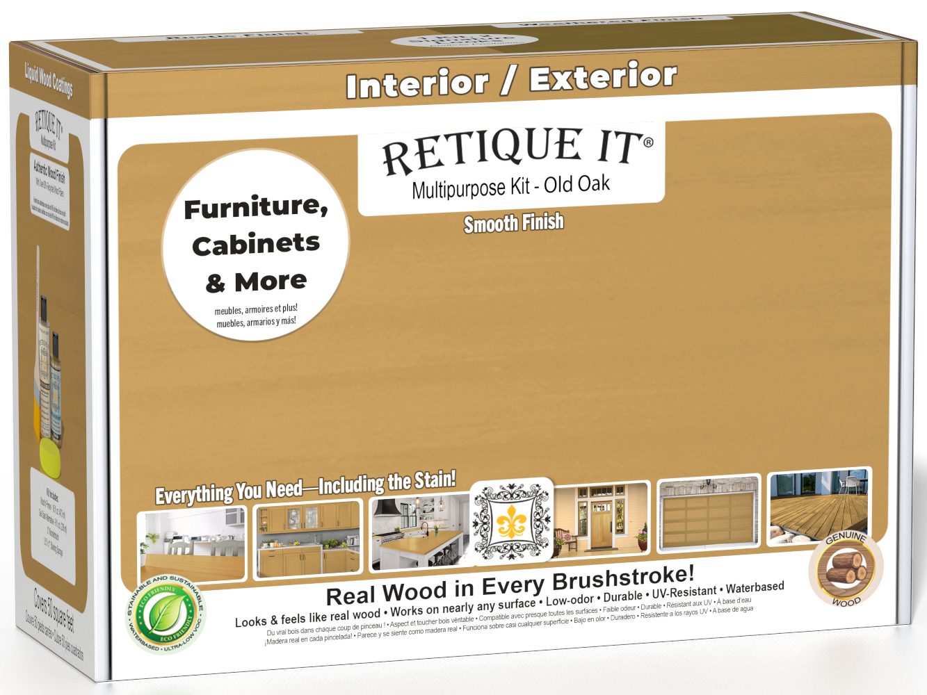 Retique It® Multi-purpose Smooth Finish Kit in Old Oak, wood finishing kit with application tools and sample wood finish.