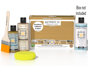 Retique It® Multi-purpose Smooth Finish Kit in Old Oak with gloss top coat, featuring wood finish application tools and packaging.