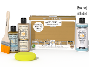 Retique It® Multi-purpose Smooth Finish Kit in Old Oak for interior wood projects, includes top coat and application tools.