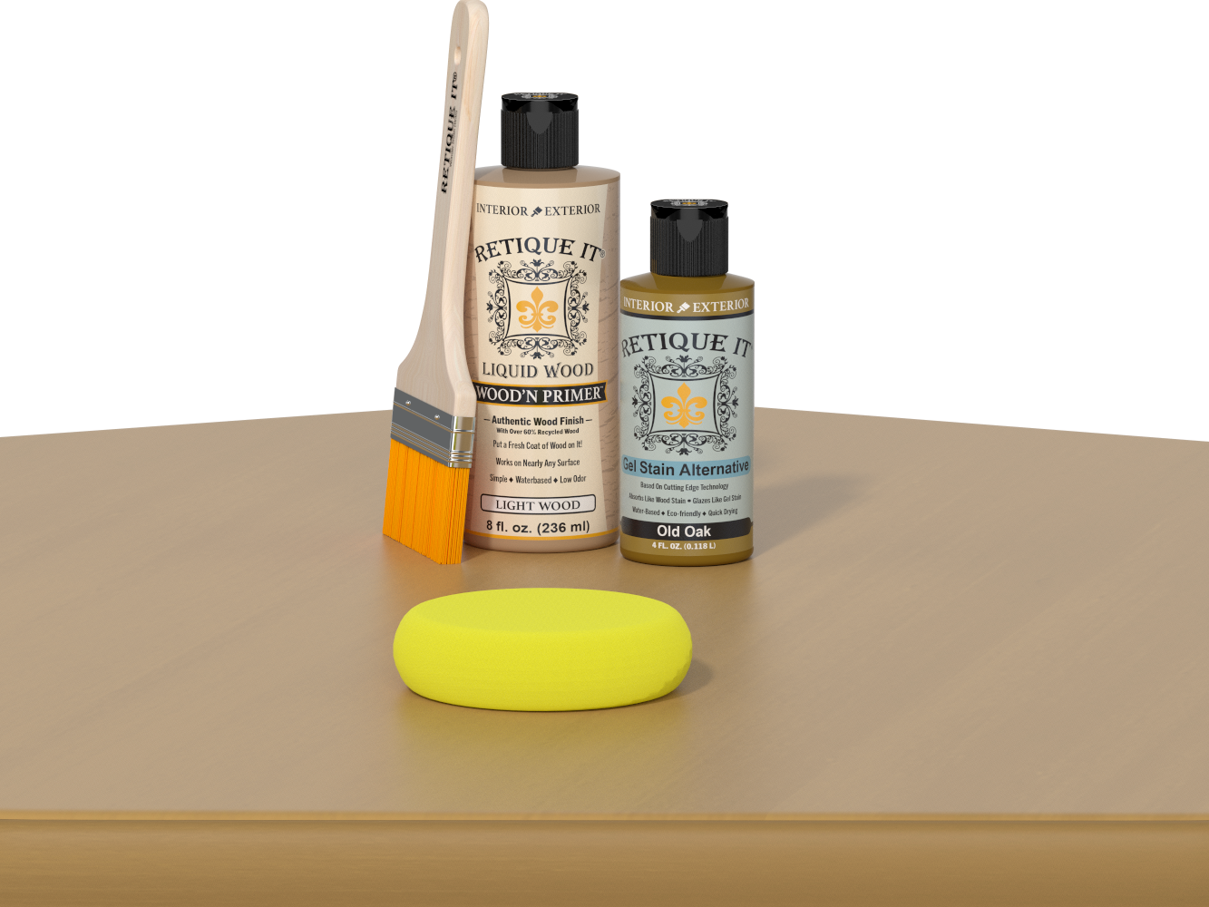 Retique It® Multi-purpose Smooth Finish Kit in Old Oak for woodworking, showing a finished wood table surface with smooth, polished look.