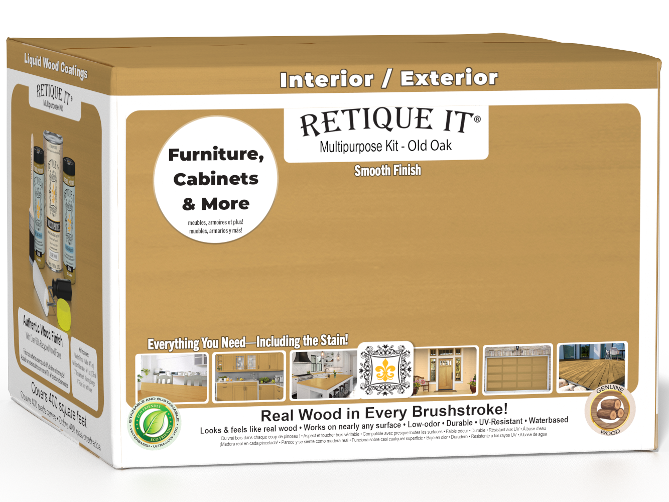 Retique It® Multi-purpose Smooth Finish Kit in Old Oak, large size with four bottles, shown in a 3D box image for wood finishing.