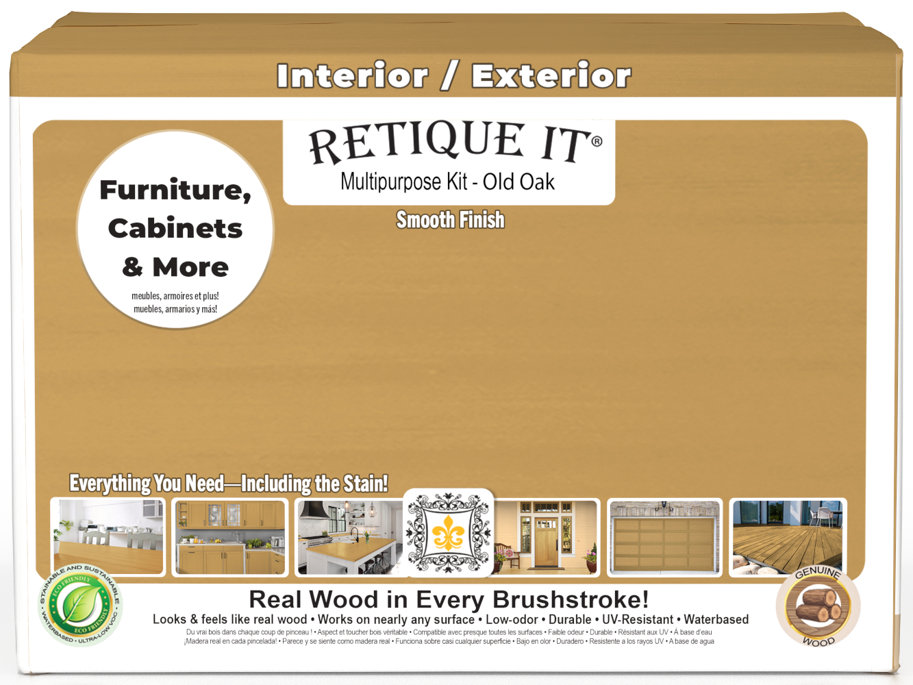 Retique It® Multi-purpose Smooth Finish Kit for Old Oak exterior wood top coat, includes four large wood finish bottles.
