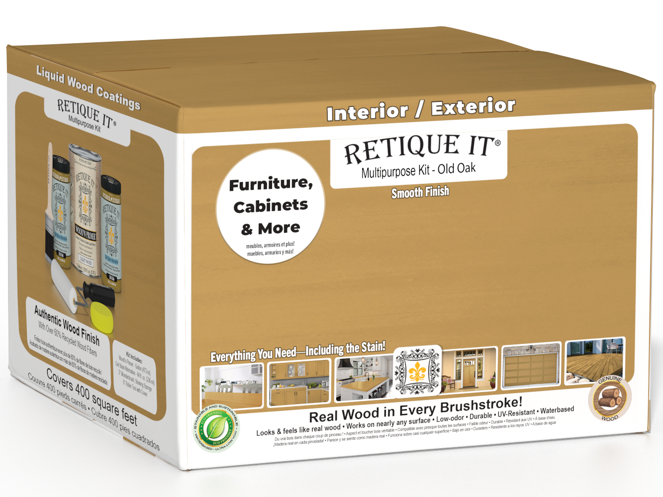 Retique It® Multi-purpose Smooth Finish Kit in Old Oak for interior wood projects, featuring four large top coat bottles.