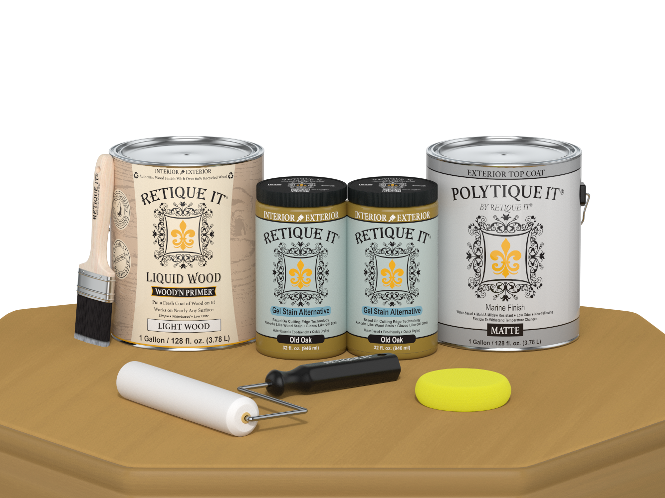 Retique It® Multi-purpose Smooth Finish Kit in Old Oak for exterior wood, includes four large top coat bottles with matte finish.