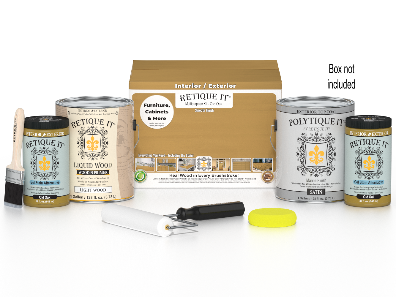 Retique It® Multi-purpose Smooth Finish Kit for exterior wood in Old Oak, includes four large top coat bottles with application tools.