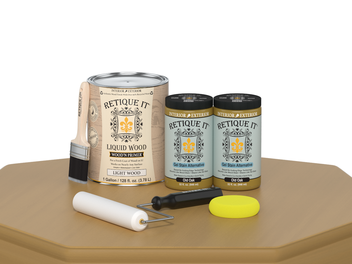 Retique It® Multi-purpose Smooth Finish Kit in Old Oak, 4-piece set, showcasing wood finishing tools and product packaging.