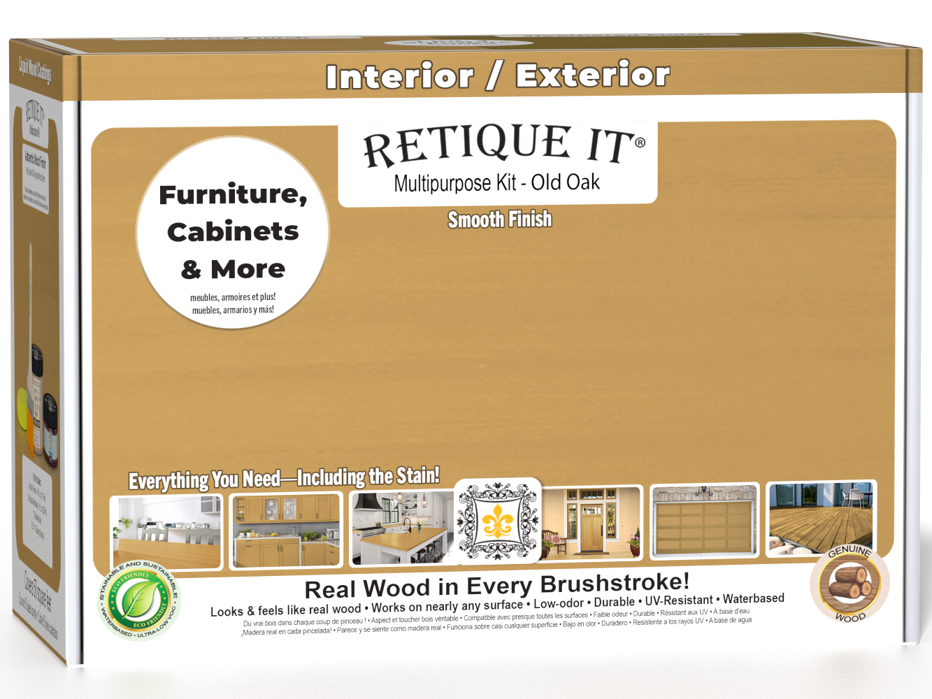 Retique It® Multi-purpose Smooth Finish Kit (Med) in Old Oak wood finish with brushes and tools in a box.