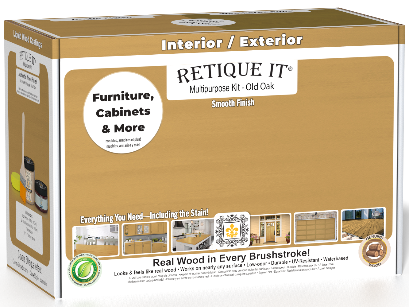 Retique It® Multi-purpose Smooth Finish Kit in Old Oak for exterior wood top coating, includes tools and finish components in a box.