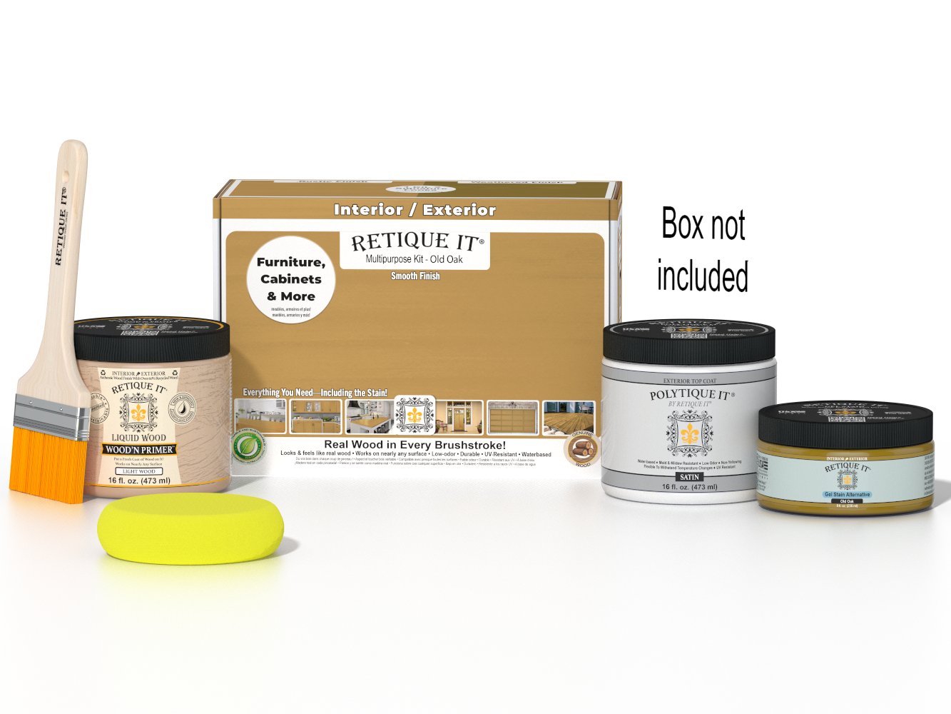 Retique It® Multi-purpose Smooth Finish Kit in Old Oak for exterior wood surfaces, includes top coat and application tools.