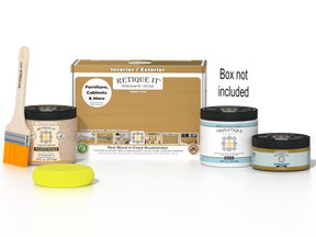 Retique It® Multi-purpose Smooth Finish Kit in Old Oak for interior wood top coating, shown with application tools and wood sample.