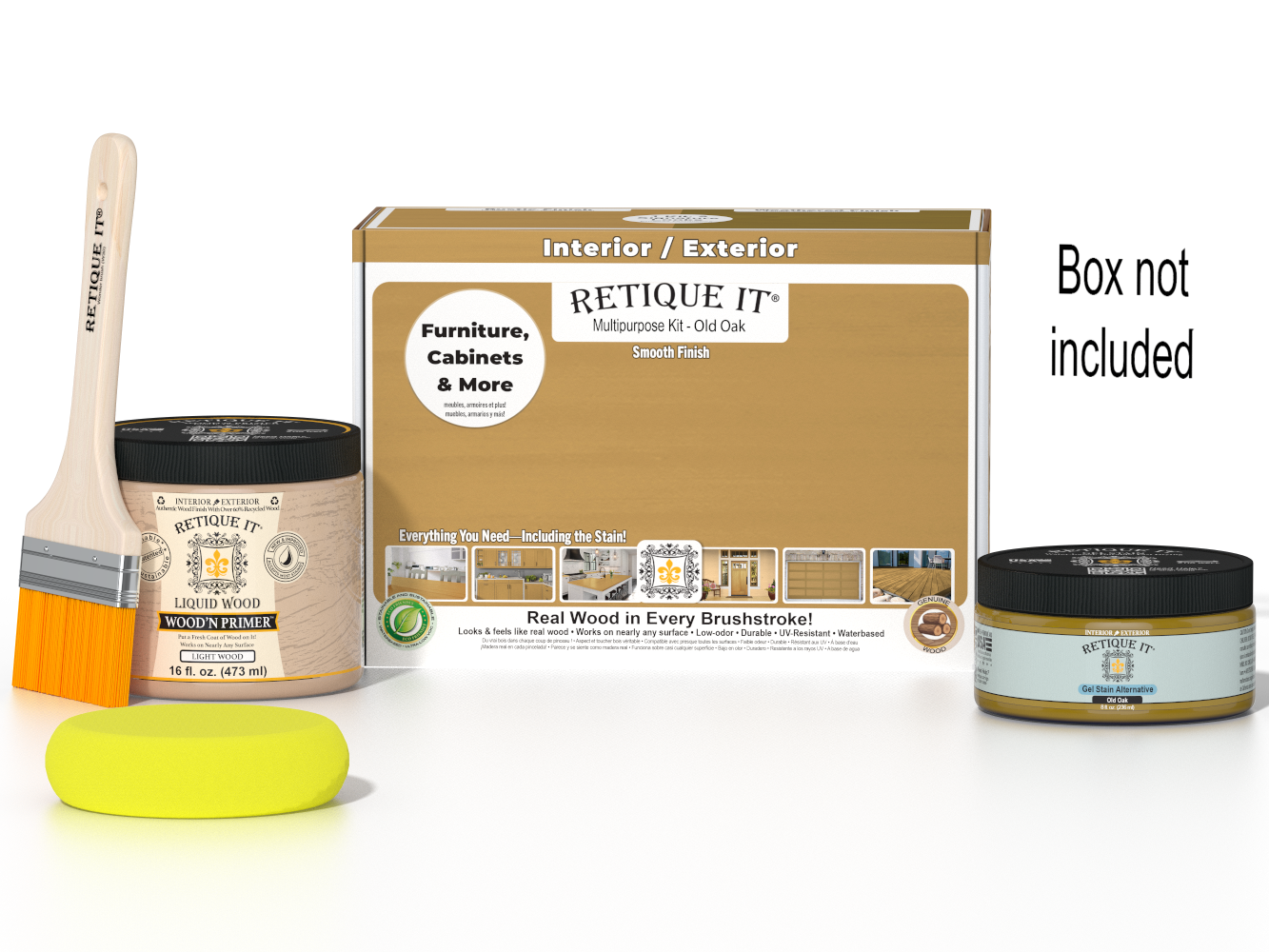 Retique It® Multi-purpose Smooth Finish Kit in Old Oak, wood finishing set with brushes and tools for furniture restoration.