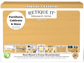Retique It® Multi-purpose Smooth Finish Kit (Large) in Old Oak for exterior wood with a matte top coat, box front view.