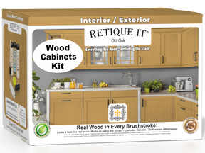 Retique It® Wood'n Cabinet Kit with 24 smooth Old Oak stained cabinet doors, shown in a 3D box view.