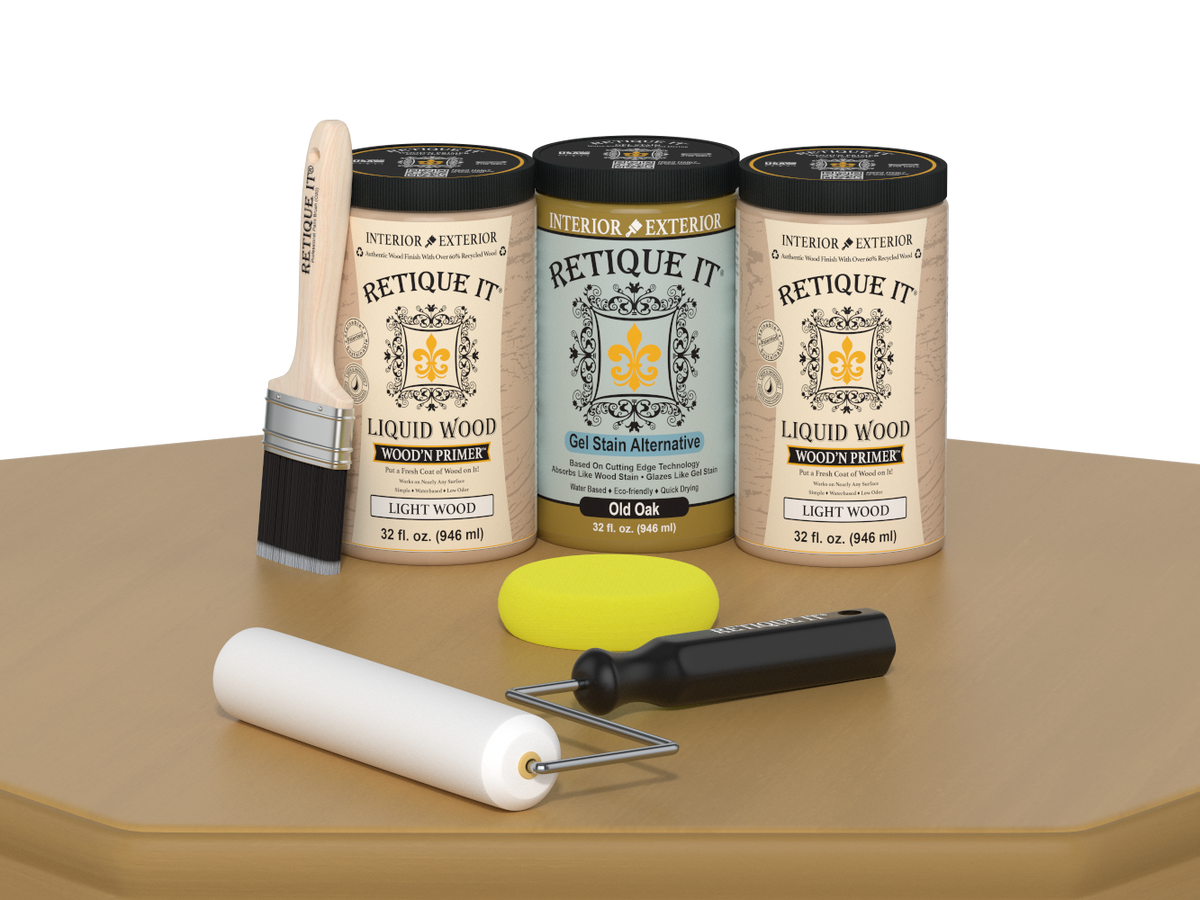 Retique It® Wood'n Cabinet Kit in Old Oak stain featuring 24 smooth cabinet doors for a stylish kitchen upgrade.
