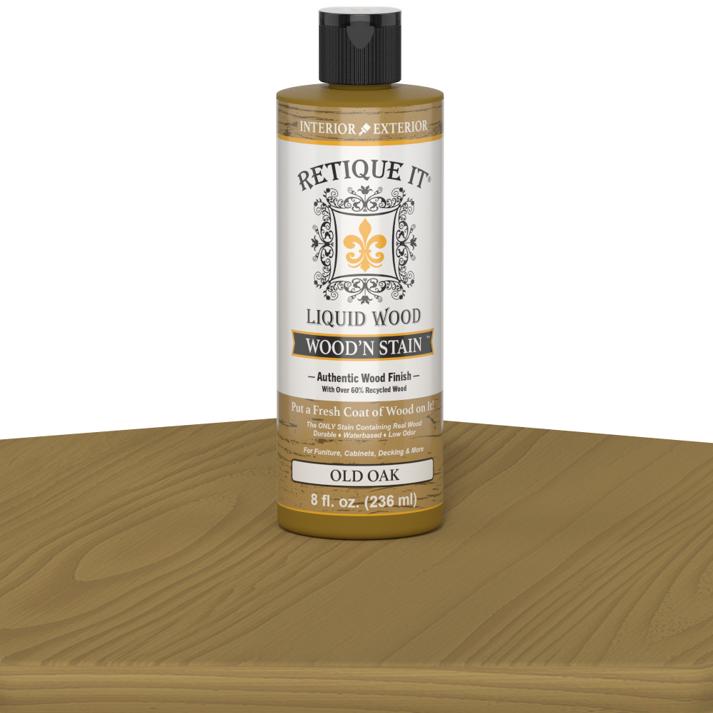 Retique It Liquid Wood Wood'n Stain in Old Oak, 8 oz bottle, showcasing the stain's rich wood finish and natural oak color.