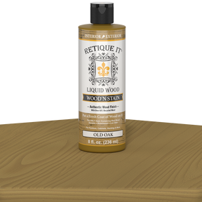Retique It Liquid Wood Wood'n Stain in Old Oak, 8 oz bottle, showcasing the stain's rich wood finish and natural oak color.