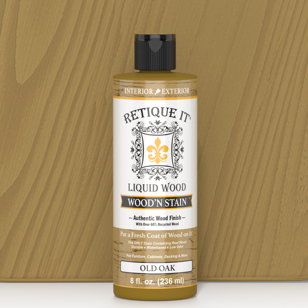 Retique It Liquid Wood Wood'n Stain in Old Oak color, 8 oz bottle, showcasing the stain's rich wood finish and packaging.