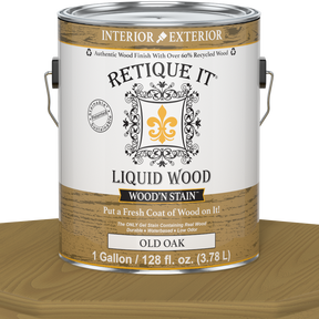 Liquid Wood Wood'n Stain in Old Oak color by Retique It, 128 oz bottle, showing the stain's natural wood finish and branding.