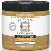 Retique It Liquid Wood Wood'n Stain in Old Oak, 16 oz, showing the rich wood stain color and packaging.