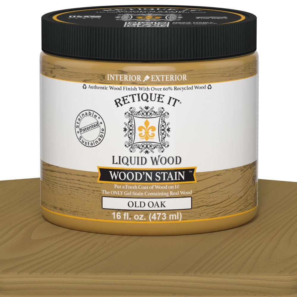 Retique It Liquid Wood Wood'n Stain in Old Oak, 16 oz, showcasing the wood stain's natural finish and rich oak color.