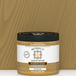 Retique It Liquid Wood Wood'n Stain in Old Oak, 16 oz, showing the rich wood stain in a jar with a natural wood finish