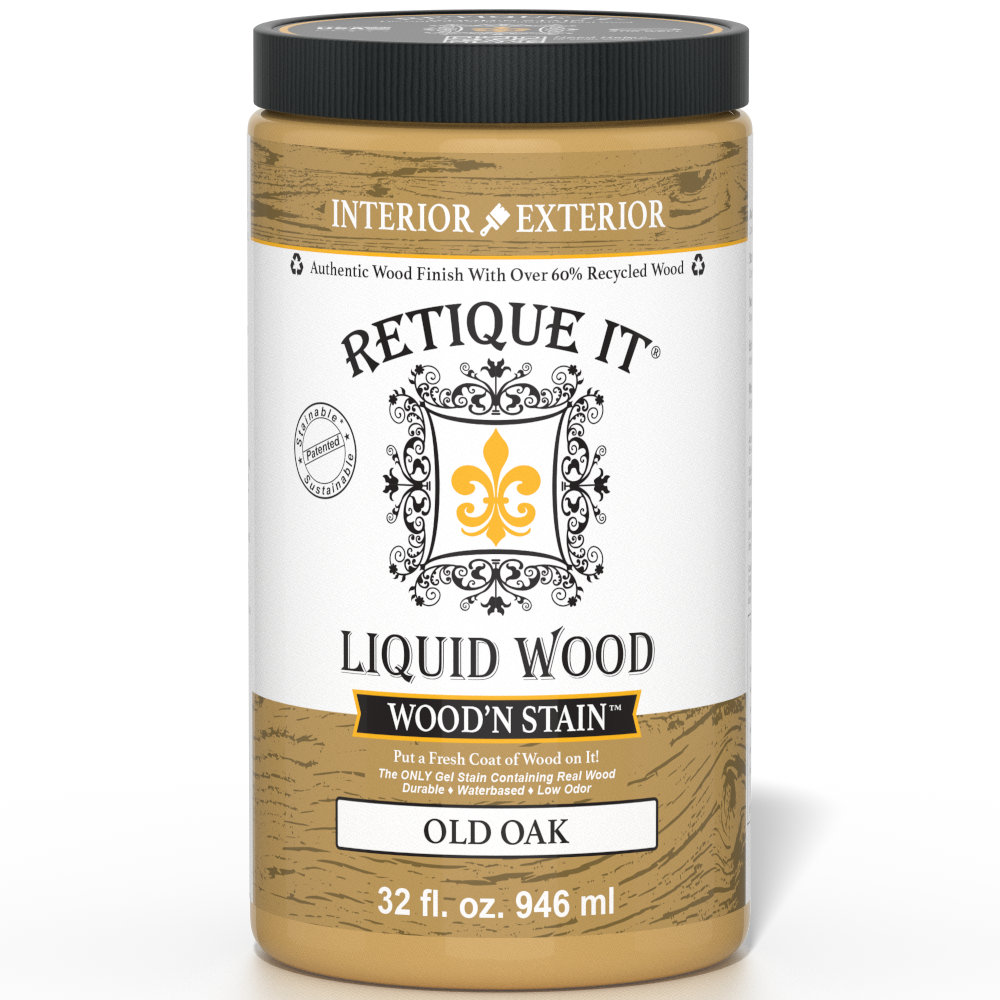 Liquid Wood Wood'n Stain in Old Oak by Retique It, 32 oz bottle, showcasing the stain's rich wood tone for furniture and craft projects.