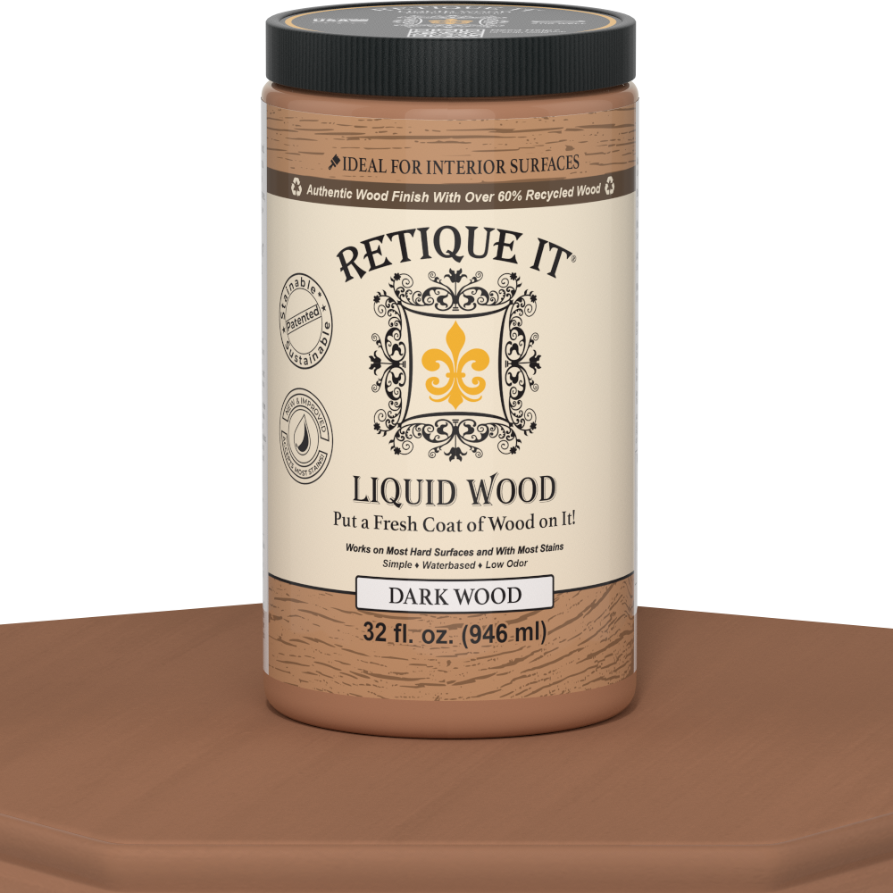 Dark Liquid Wood paint by Retique It®, 32oz interior wood finish on a table surface, showcasing the product's rich dark color and smooth texture.