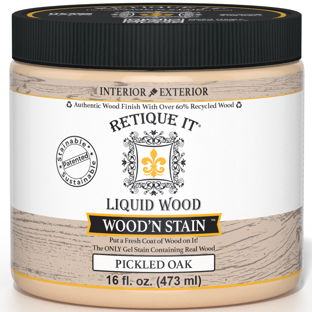 Liquid Wood Wood'n Stain by Retique It in Pickled Oak, 16 oz, showing the stain container and product label.