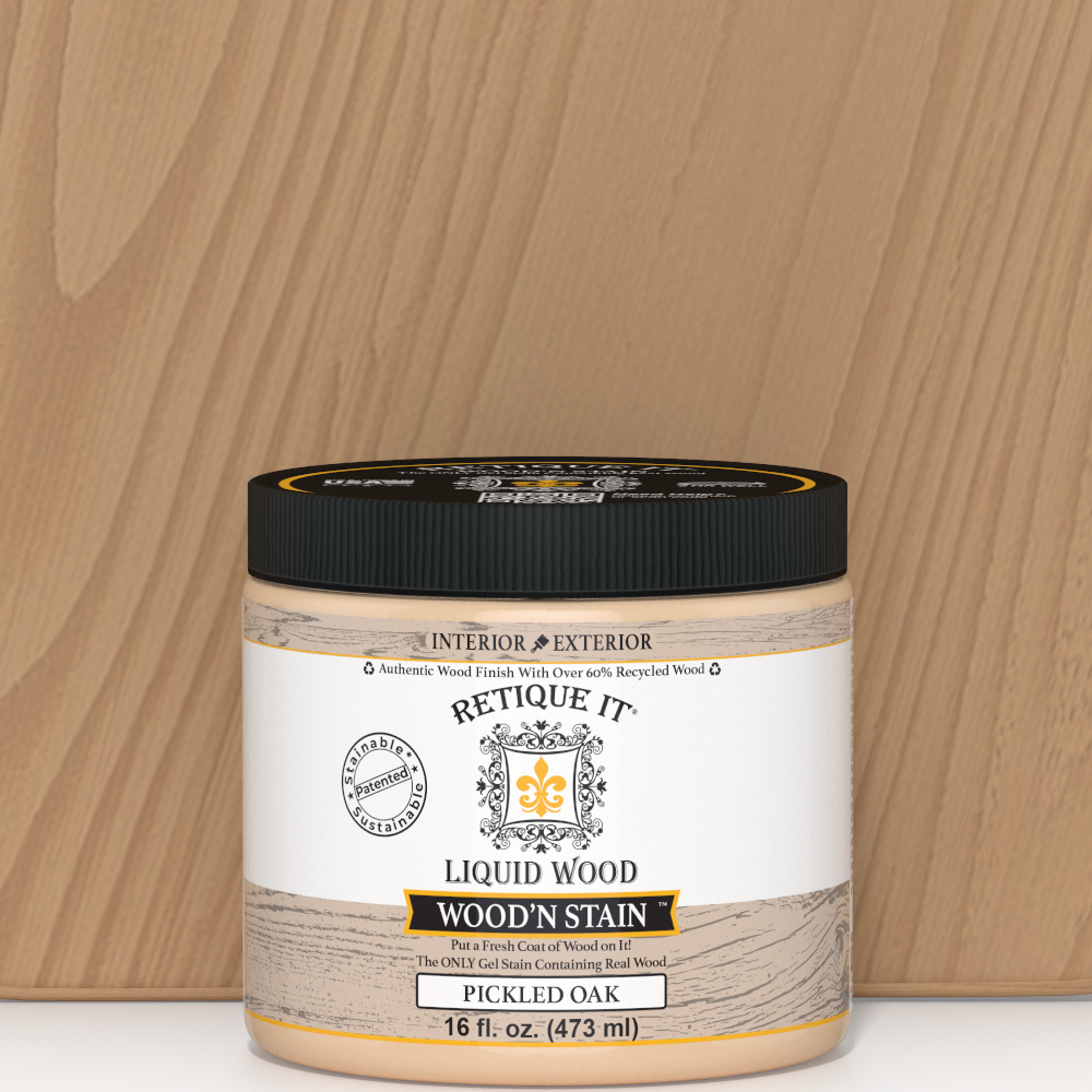 Liquid Wood Wood'n Stain in Pickled Oak by Retique It, 16 oz bottle, showing stain color and applicator brush.