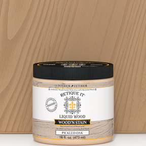 Liquid Wood Wood'n Stain in Pickled Oak by Retique It, 16 oz bottle, showing stain color and applicator brush.