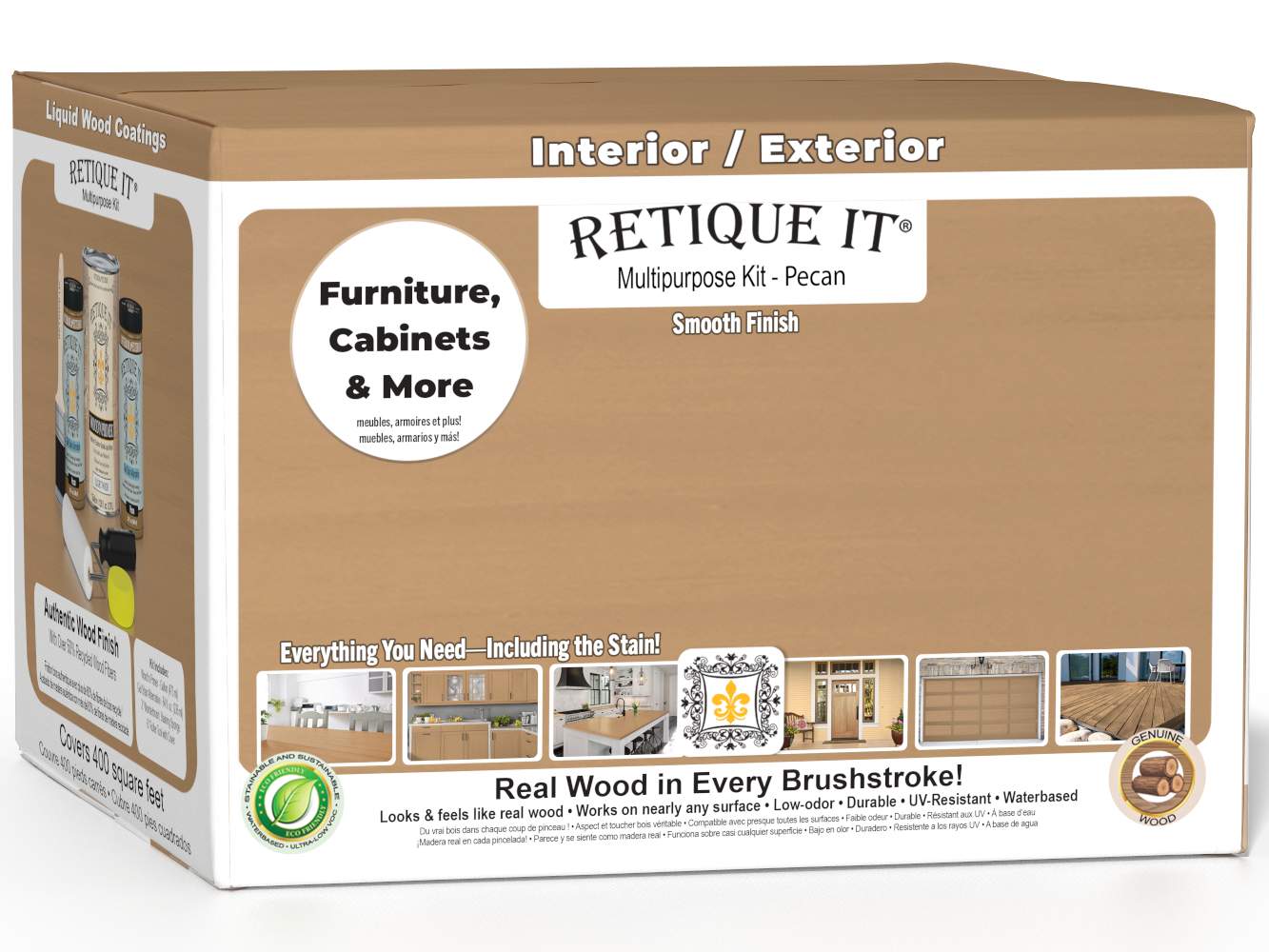 Retique It® Multi-purpose Smooth Finish Kit in Pecan with 4 large exterior top coat bottles, matte wood finish, in a box.