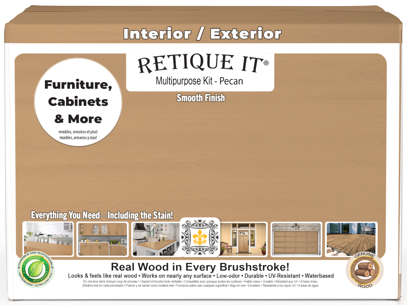Retique It® Multi-purpose Smooth Finish Kit in Pecan, 4-piece large set, with a box showing the wood finish products.
