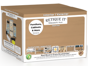 Retique It® wood finish kit with four large Pecan-colored smooth finish bottles for multi-purpose wood projects.