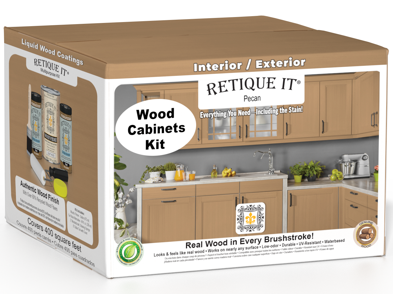 Retique It® Wood'n Cabinet Kit with 48 smooth pecan stained doors, showcasing natural wood grain and finish.