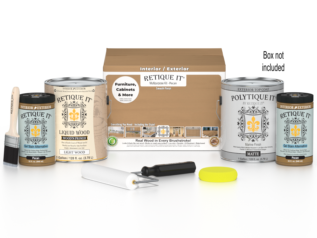 Retique It® Multi-purpose Smooth Finish Kit with four large Pecan exterior top coat wood finish bottles and application tools.