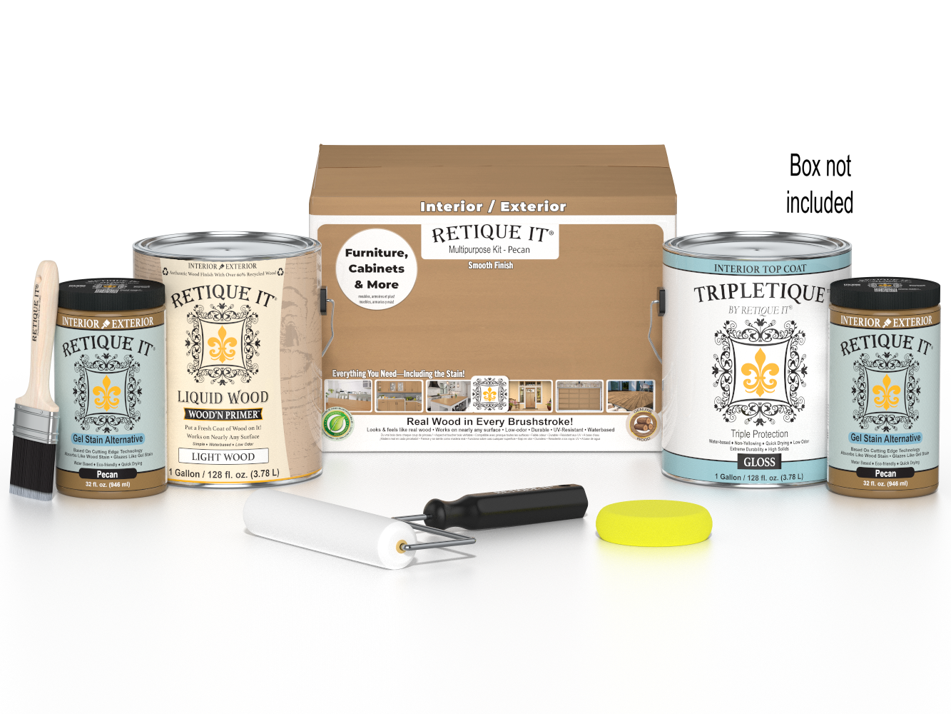 Retique It® Multi-purpose Smooth Finish Kit in Pecan for interior wood projects, shown with four large top coat bottles.