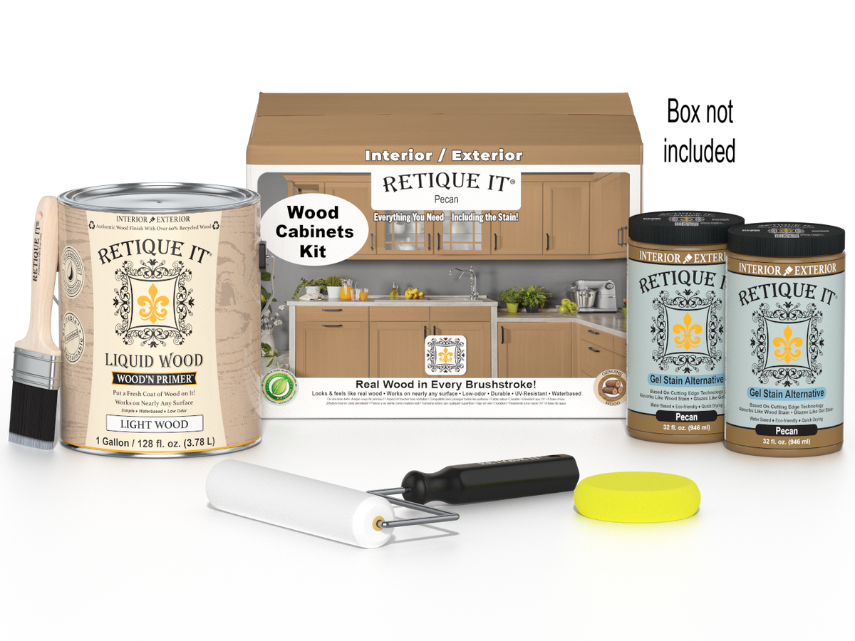 Retique It® Wood'n Cabinet Kit with 48 smooth, pecan-stained cabinet doors for home renovation or kitchen updates.