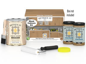 Retique It® Wood'n Cabinet Kit with 48 smooth, pecan-stained cabinet doors for home renovation or kitchen updates.